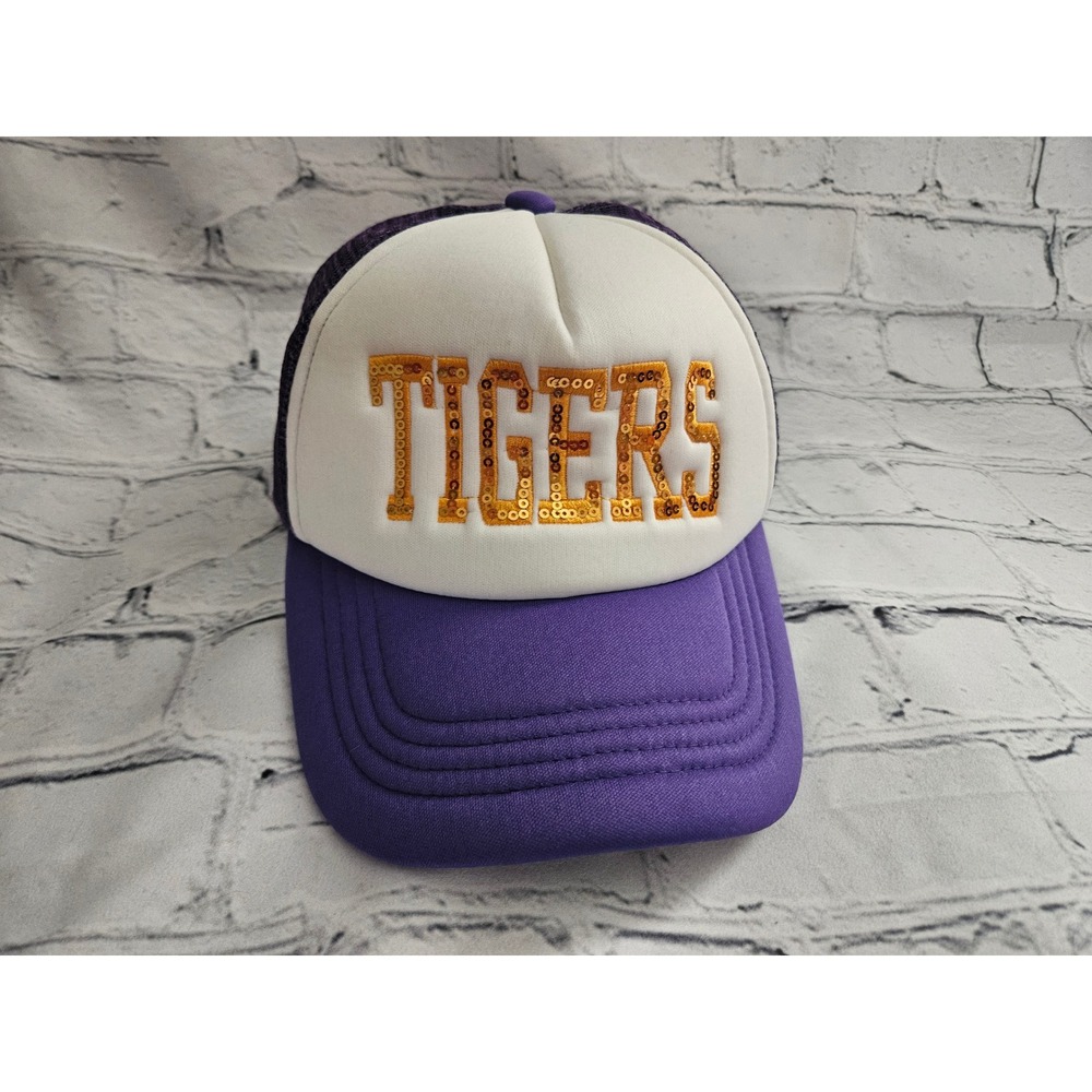 Fleurty Girl Trucker Hat Women OS Purple NEW LSU Tigers Sequin Snapback Mesh Cap
